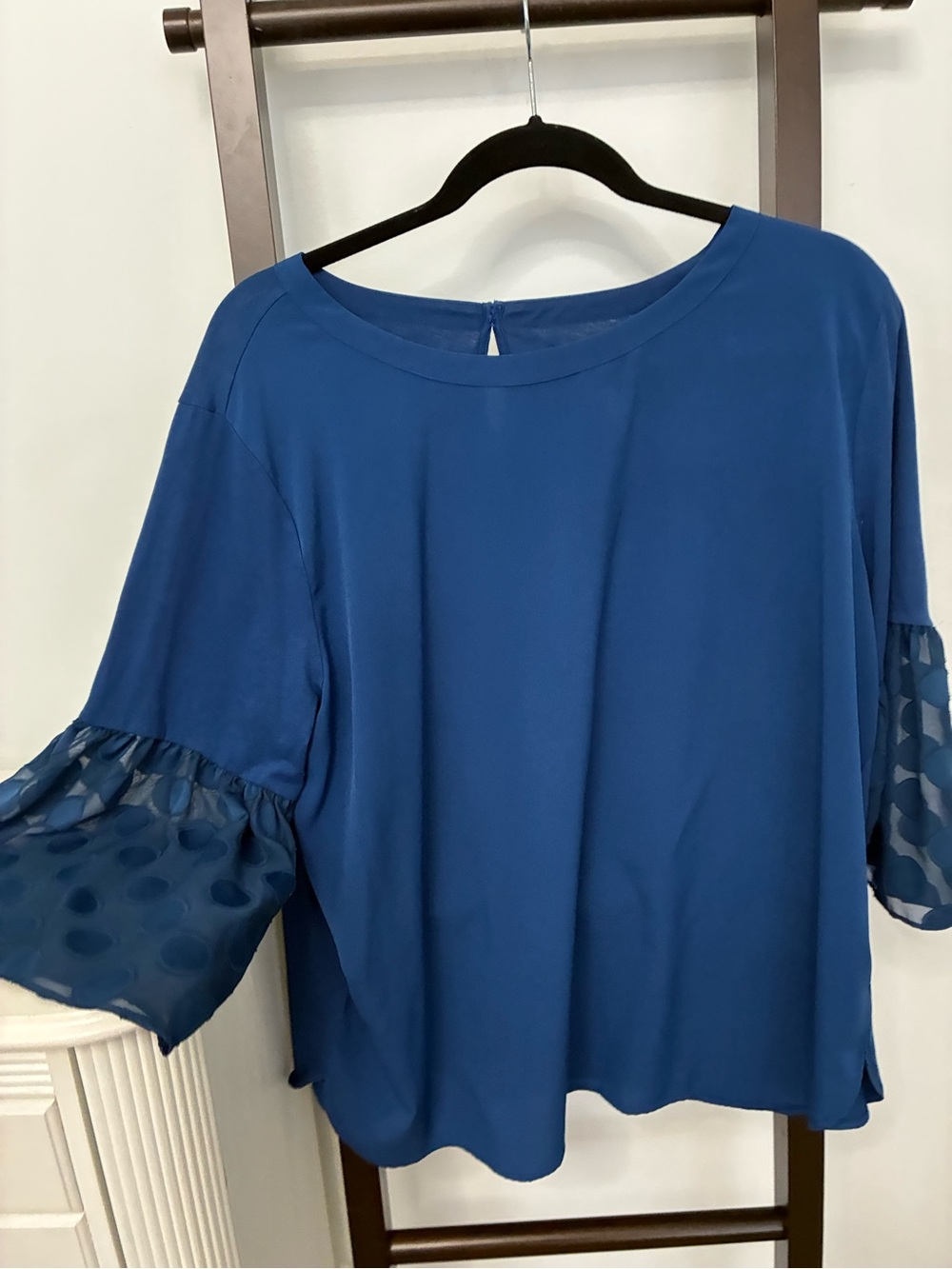 XL Blue Women's Blouse with Sheer Dot Sleeve Detail. Pretty feminine dressy tee